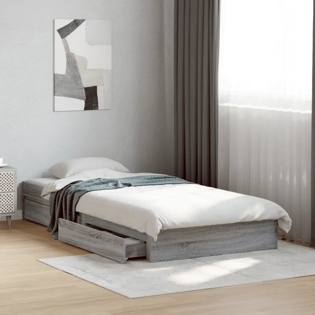 Letto singolo | Letto per adulti | Giroletto Cassetti Grigio Sonoma 75x190 cm Legno Multistrato