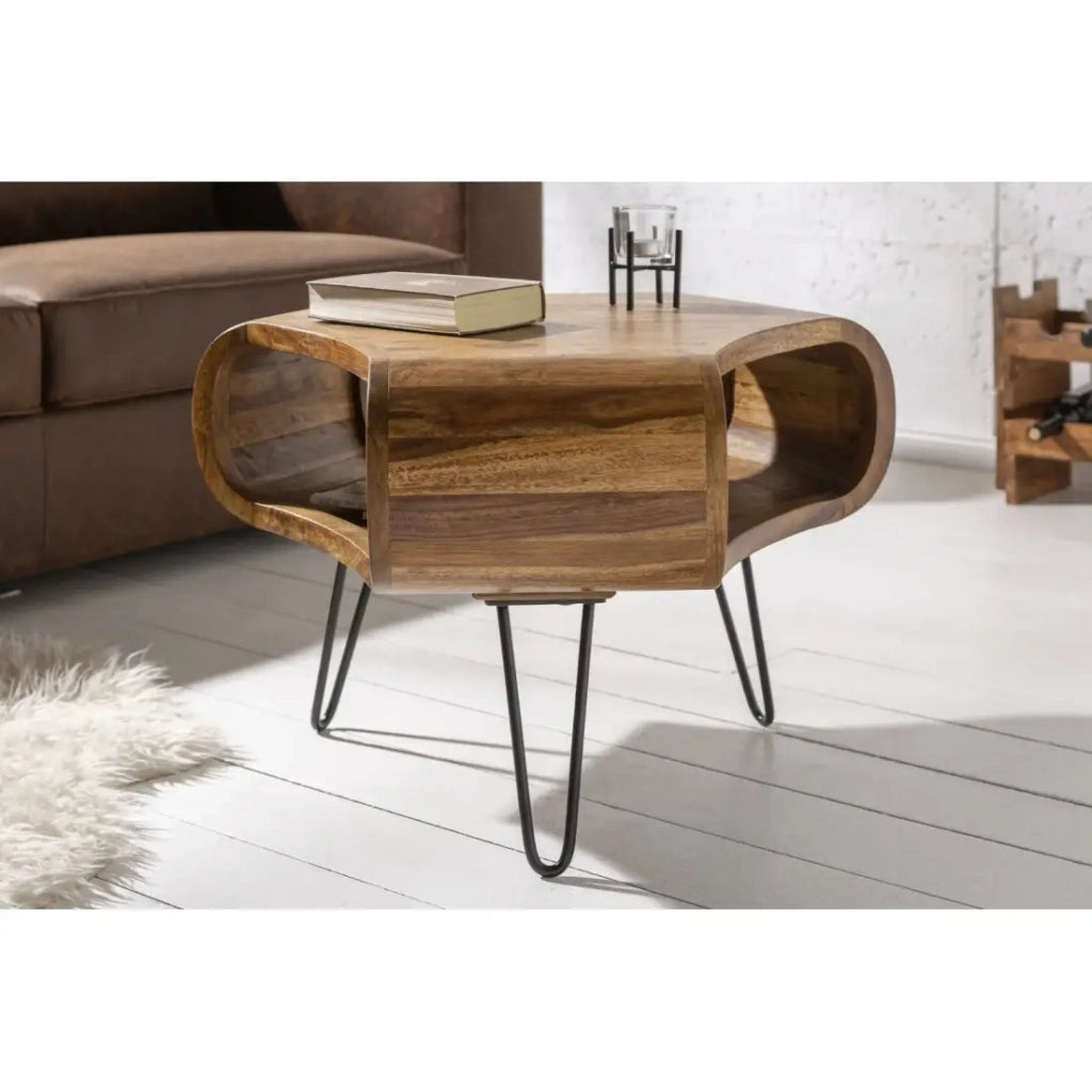 Tavolino basso NERA 70 cm in legno massiccio di Sheesham con nicchia e piedi in metallo nero – stile retro industriale
