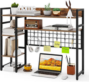 Mensola da Scrivania, Scaffale Espositivo a 4 Ripiani con Pannello a Griglia Metallica e 6 Ganci, Organizzatore da Scrivania per Computer, per Ufficio Casa Dormitorio, 94x25x73,5 cm (Marrone)