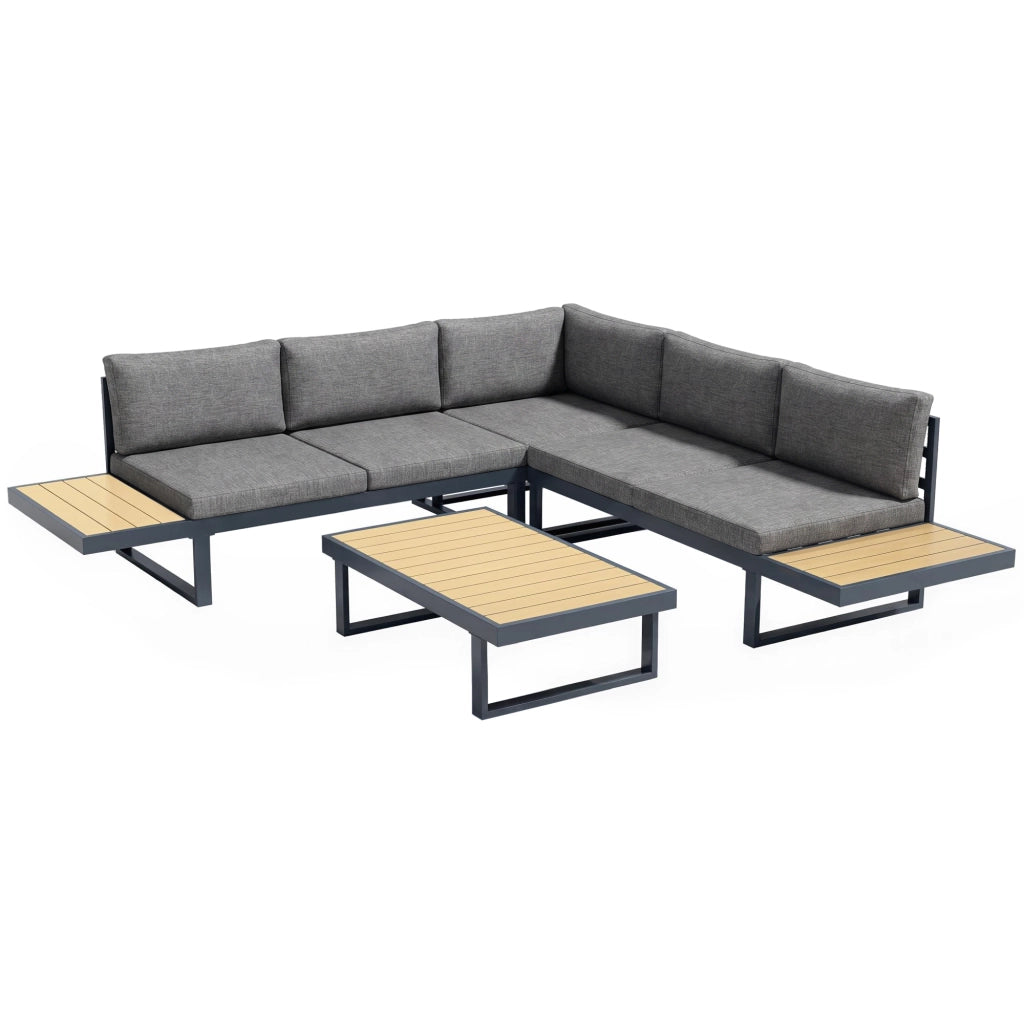 Set da Giardino 4 Pezzi in Alluminio con 2 Divanetti, Poltrona Angolare e Tavolino da Caff¨¨, Grigio e Teak