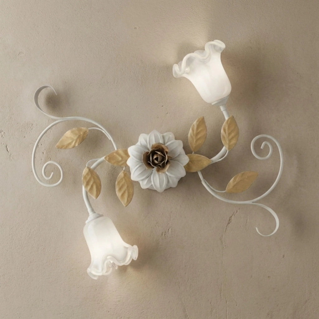 Plafoniera Arte Povera Cesto Metallo Bianco E Oro 2 Luci E14