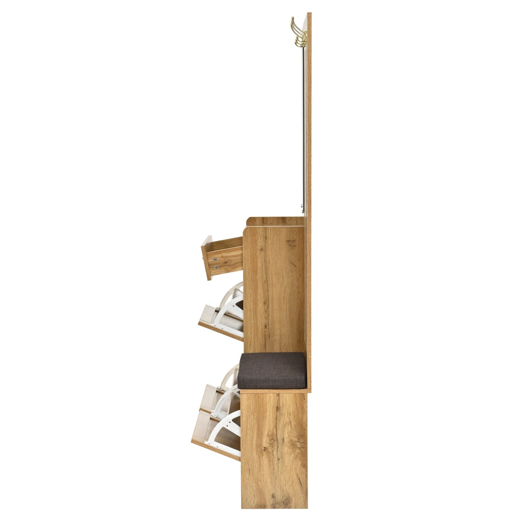 Mobile da ingresso con specchio, panca imbottita, ganci e vani ribaltabili, in MDF naturale, 99,5 × 26 × 180 cm