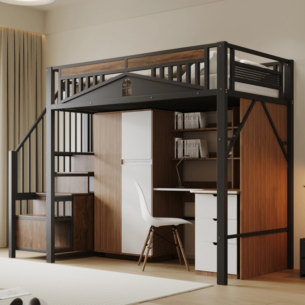Letto a castello in metallo e legno nero 90x200 cm con recinzione di sicurezza e scala integrata