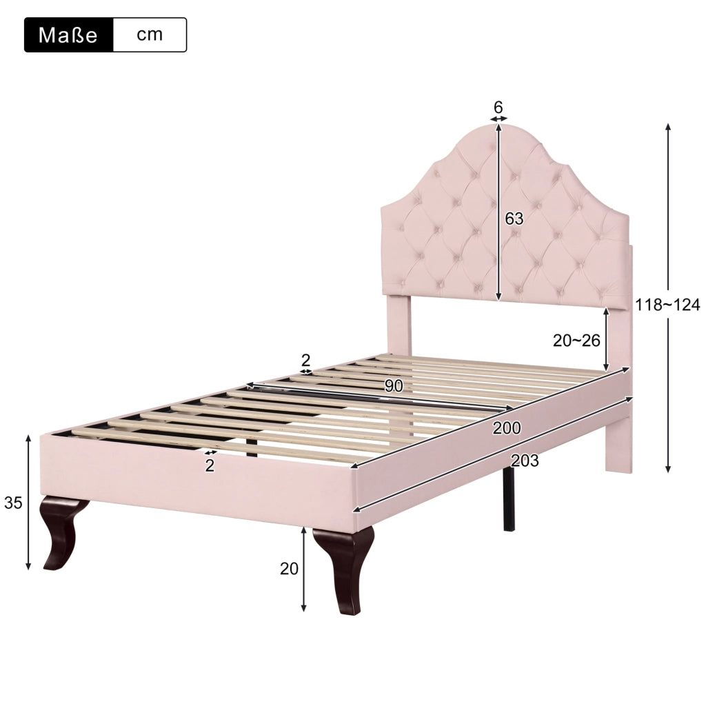 Letto imbottito 90x200 cm in velluto rosa con testiera regolabile e rete a doghe
