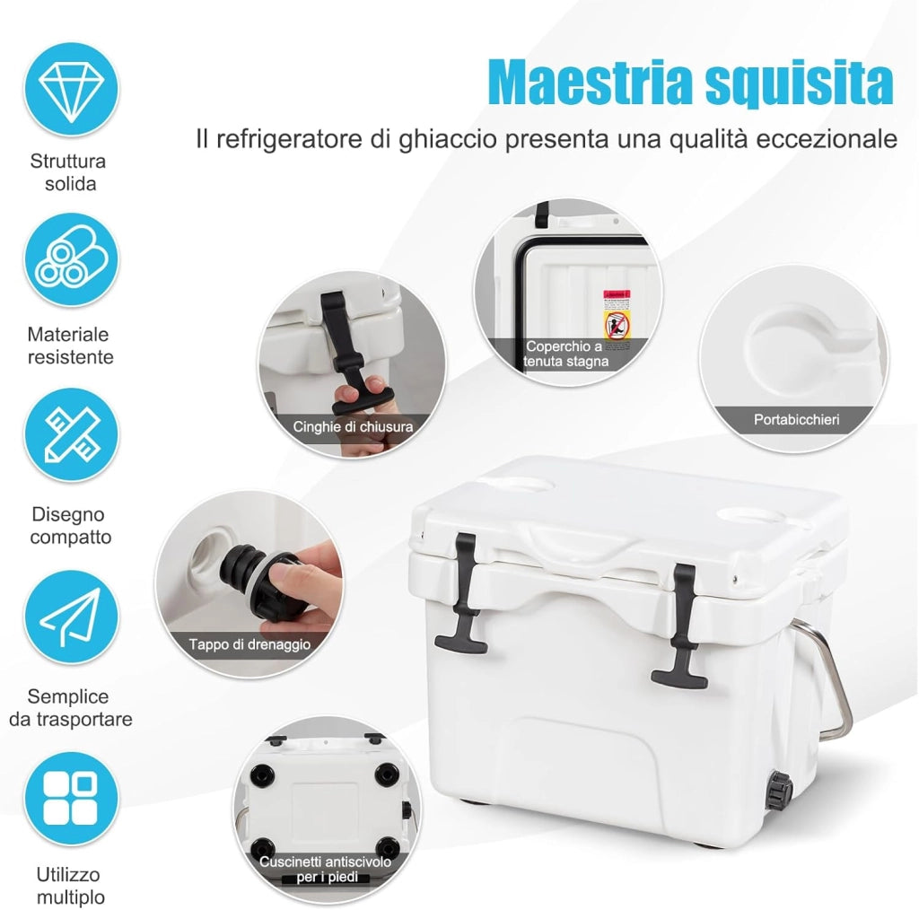 Contenitore per Ghiaccio da 15 L, Contenitore Termico con Maniglia 2 Porta Bicchieri, Contenitore Termico del Ghiaccio Portatile per Campeggio(Bianco）