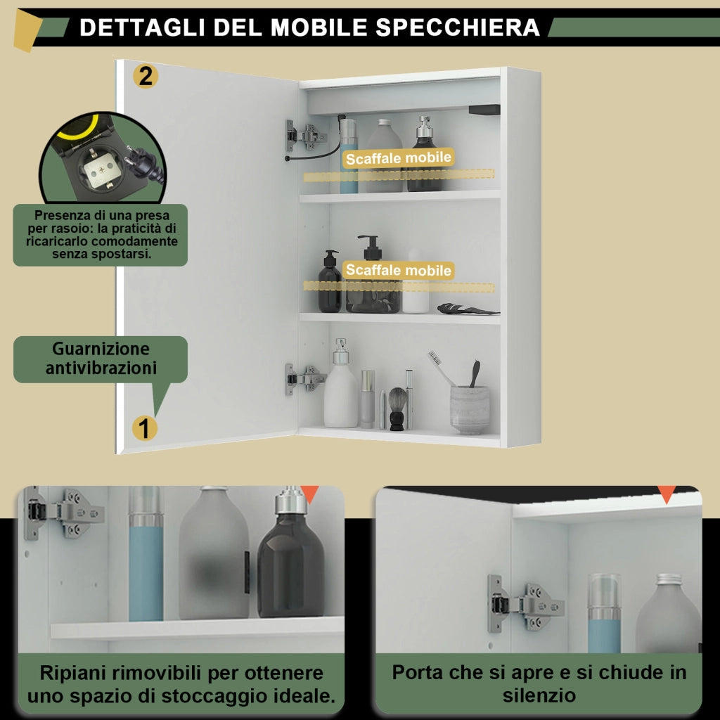 Armadietto a muro da Bagno con Specchio 50x70 cm, Bianco