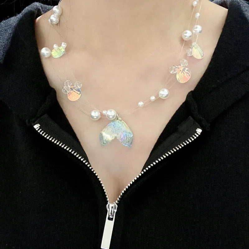 Collana di perline fatta a mano con motivo a dopamina: conchiglia, cristallo e perla