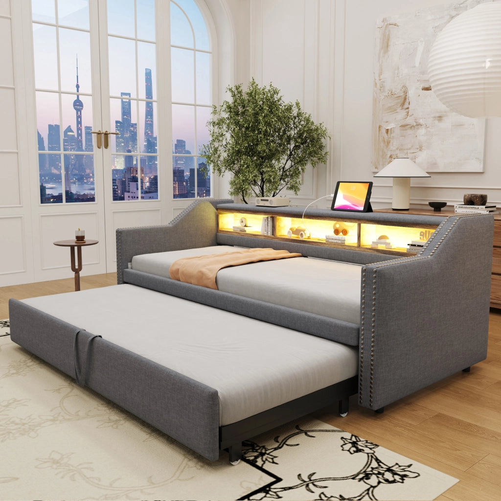 OKWISH Letto a Scomparsa Tipo Divano 90×190 cm e 180×190 cm, Letto Singolo con USB, LED Regolabile e 3 Mensole, senza Materasso, Grigio Scuro