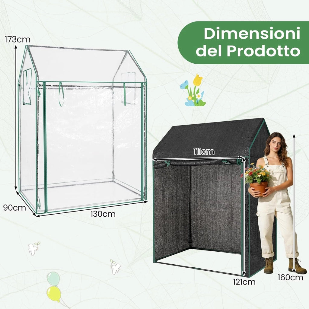 Mini Serra da Esterno ed Interno 129 x 80 x 173 cm, Serra per Pomodori con Copertura Trasparente in PVC, Rete per Ombreggiatura, Porta e Finestre, Ideale per Giardino, Cortile e Terrazzo
