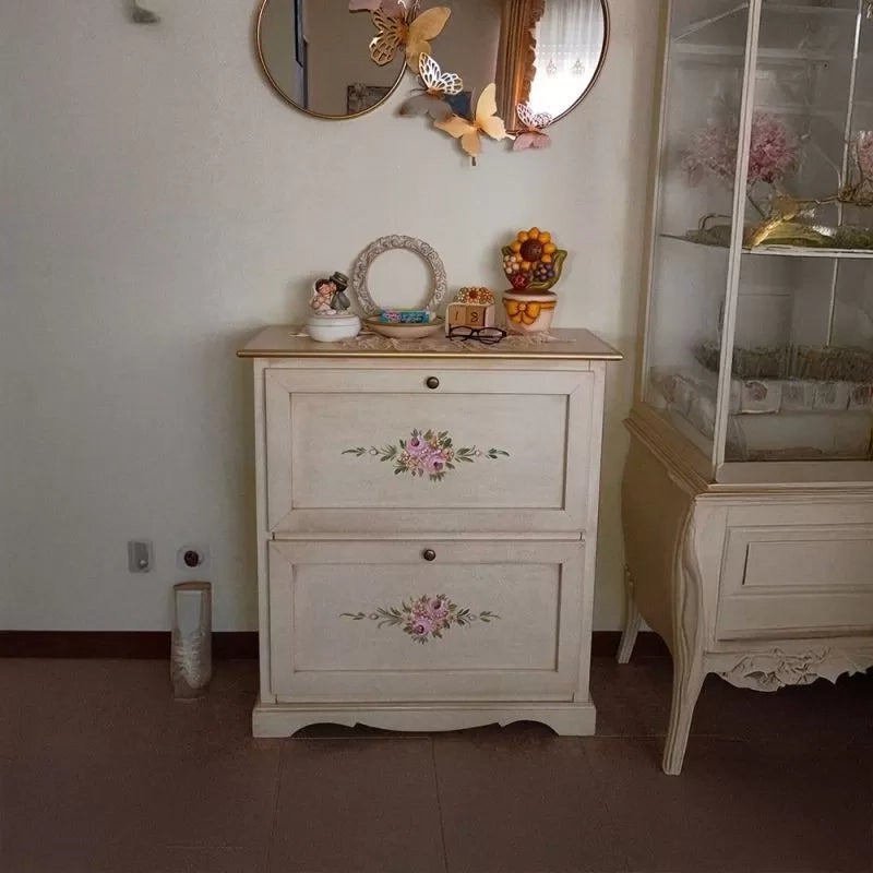 Scarpiera 2 ante ribalta legno shabby avorio anticato filo oro 79x30x90 - Mobili 2G