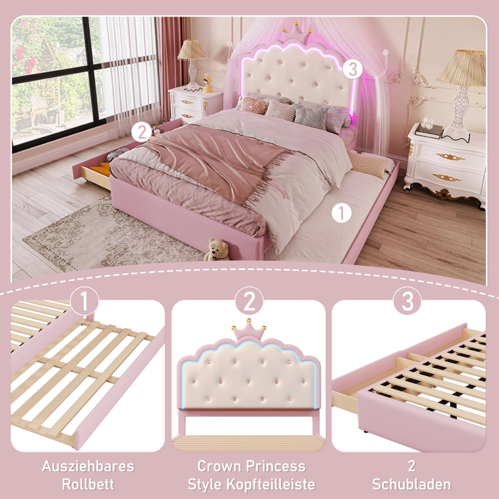 OKWISH Letto con Cassetti 140×200 cm, Letto Matrimoniale con LED Regolabile, Letto estraibile e 2 Cassetti, senza Materasso, in PU, Rosa