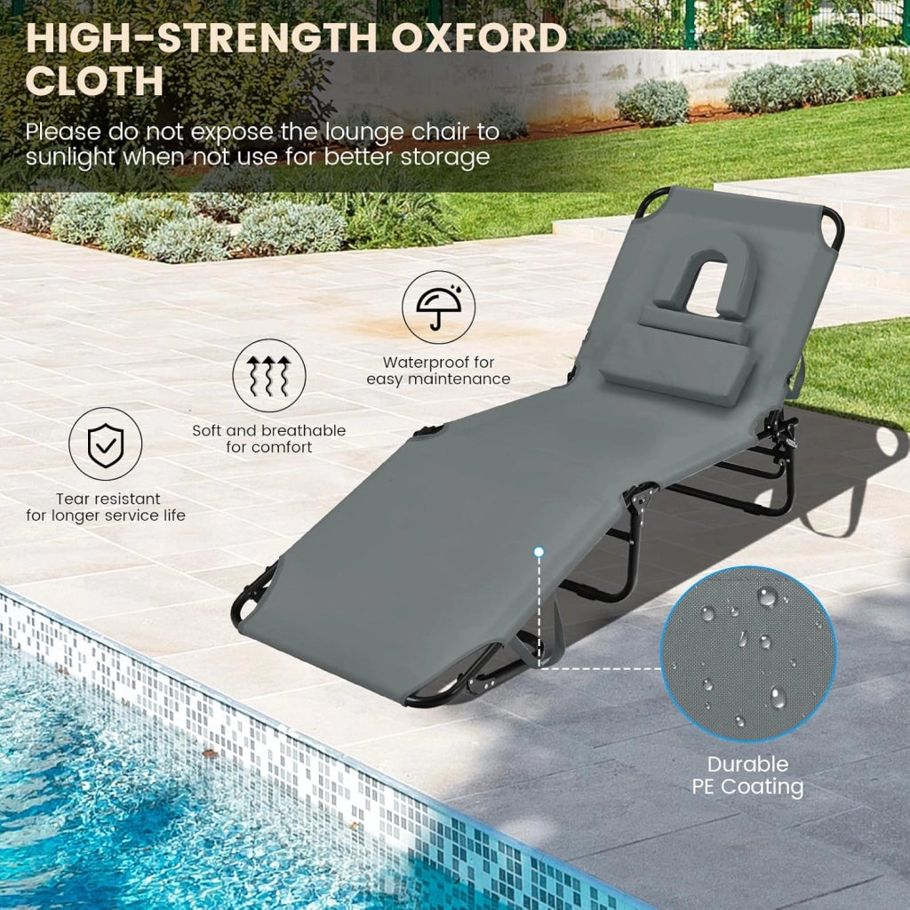 Lettino pieghevole per abbronzatura, con foro per il viso e cuscino estraibile, schienale e poggiapiedi regolabili, poltrona portatile per piscina e spiaggia (grigio)