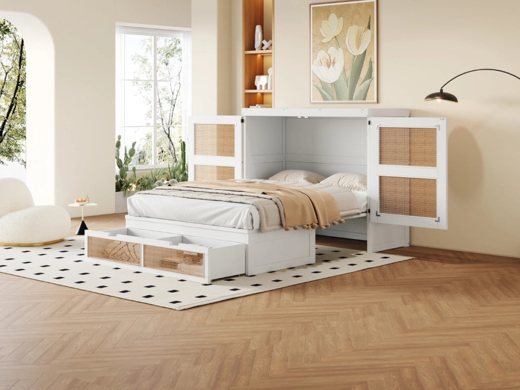 DESMIU Letto a scomparsa 2 posti con 2 cassetti, vano contenitore e ante 270°, 140 × 200 cm, senza materasso