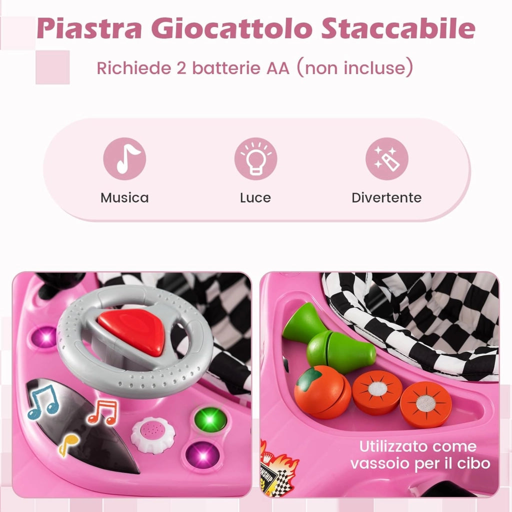4 in 1 Girello per Bambini, Primi Bassi per Neonati con Altezza Regolabile, Girello Pieghevole con Vassoio Rimovibile, Musica e Luci, per Bambini 6+ Mesi (Rosa)