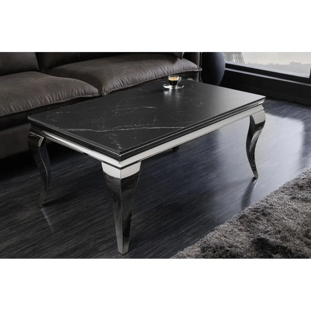 Tavolino basso VELENA 100 cm effetto marmo nero in pietra sinterizzata – Gambe curve argentate