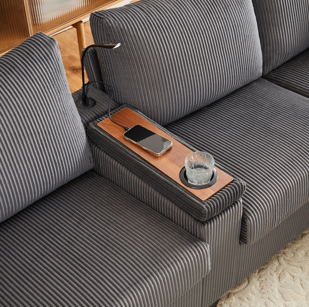 Divano a U in ciniglia grigia con 2 pouf, luce da lettura, vano portaoggetti e prese USB/Type-C