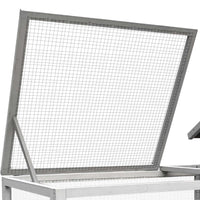 Conigliera in legno grigio chiaro 146x75x83cm con recinto e vassoio estraibile per la pulizia