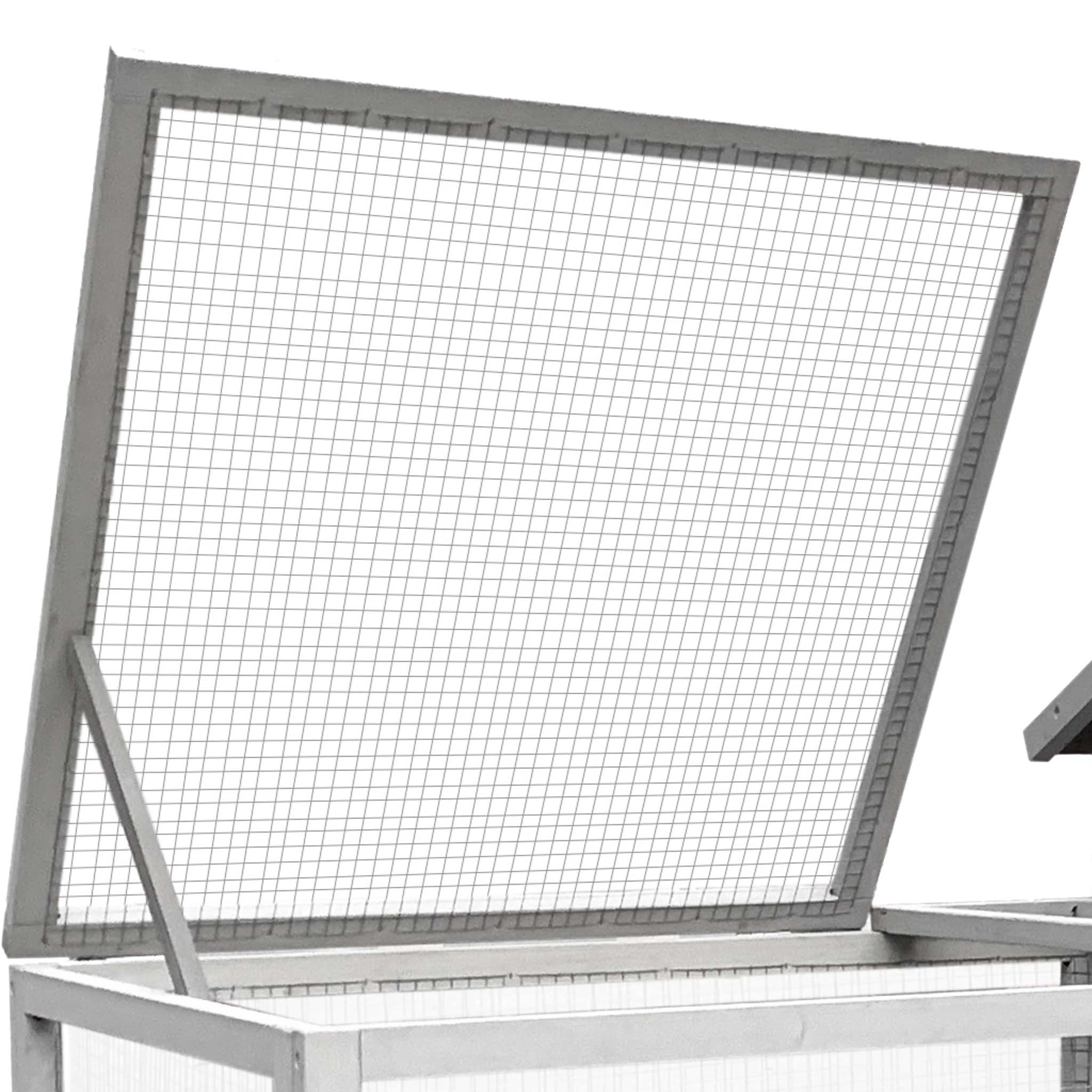 Conigliera in legno grigio chiaro 146x75x83cm con recinto e vassoio estraibile per la pulizia