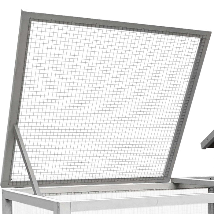 Conigliera in legno grigio chiaro 146x75x83cm con recinto e vassoio estraibile per la pulizia