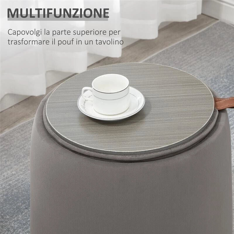 POUF CONTENITORE IN VELLUTO 2 IN 1 CONVERTIBILE IN TAVOLINO Ø44X47.5CM GRIGIO