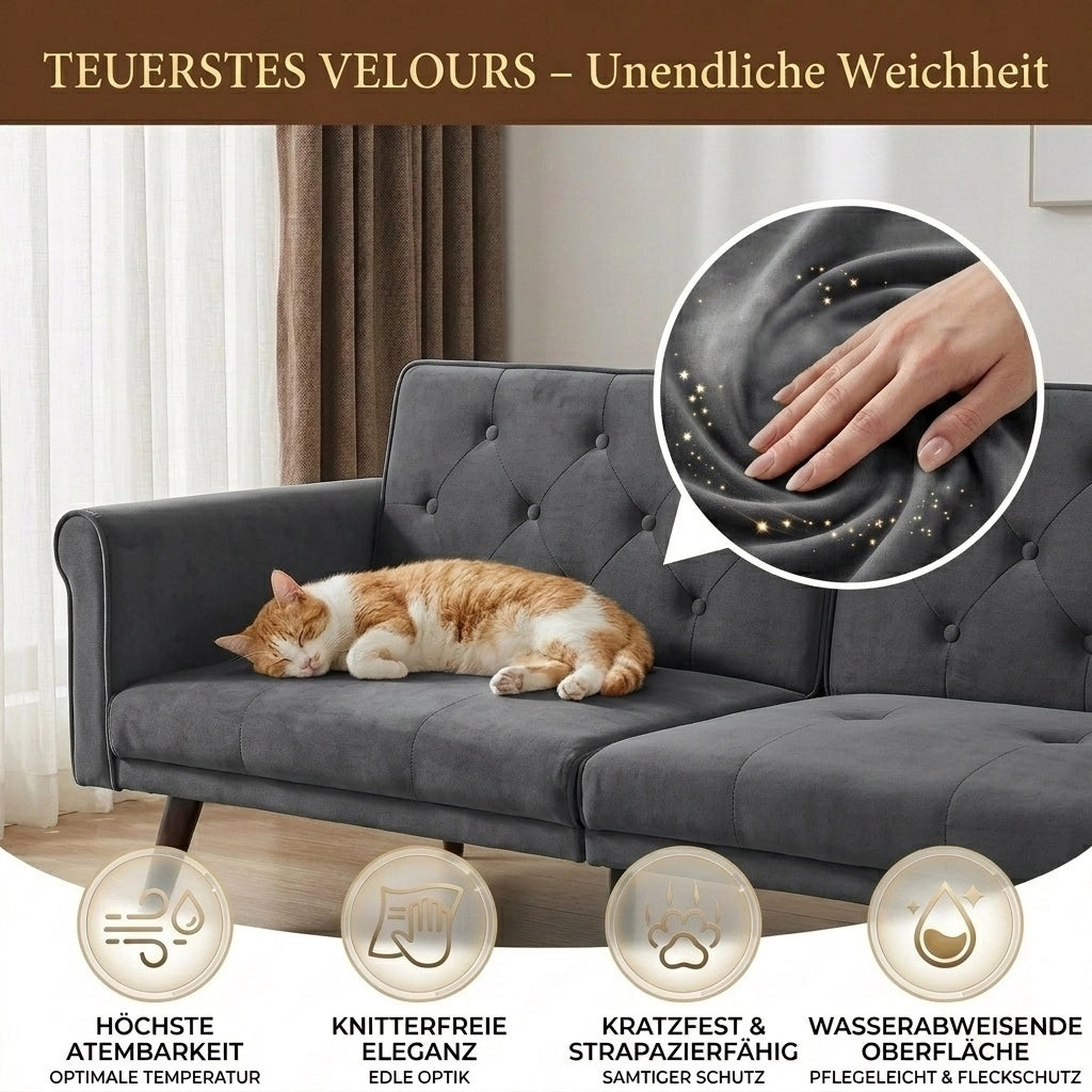 Divano letto 2 posti con schienali regolabili separatamente in 5 posizioni, velluto grigio 172 × 89 × 70 cm