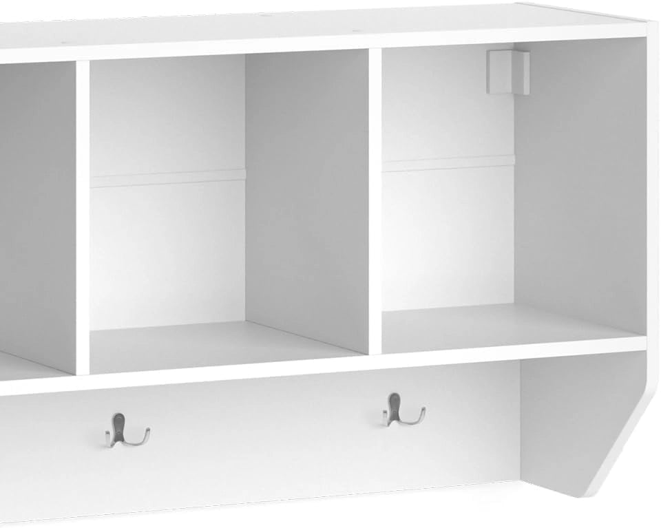 Scaffale a muro per bambini Luigi, Bianco, 107.2 x 56 cm, per montaggio a parete con ripiani aperti e ganci