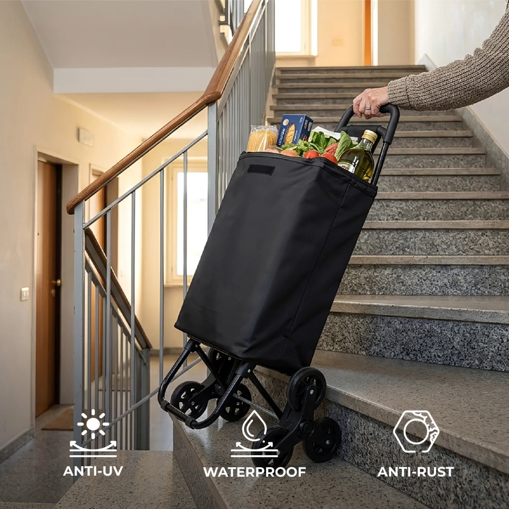 Carrello Spesa Saliscale 6 Ruote Pieghevole con Borsa Impermeabile, Porta Spesa per Scale Supermercato e Casa, Struttura in Acciaio – Il Gruppone   Nero
