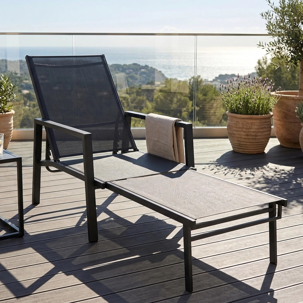 Sdraio Reclinabile 5 Posizioni 63x185x55 cm con Poggiapiedi Retrattile in Acciaio e Textilene Nero