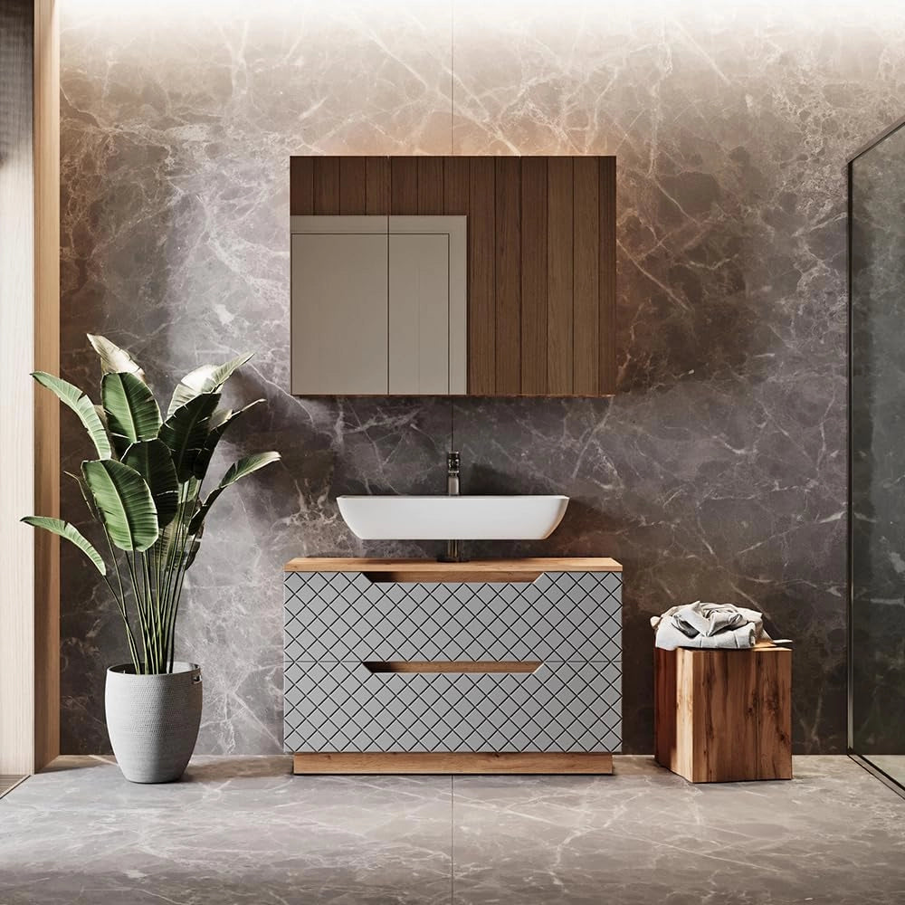 Set di mobili da bagno Lotta, Rovere/grigio con struttura in piastrelle, 2 parti