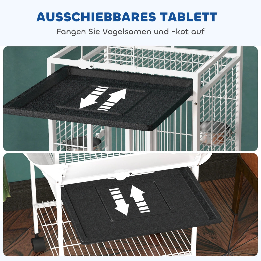 Gabbia per Uccelli con Ruote ¨C Xylo ¨C 3 Porte, 2 Posatoi, 62.5x62.5x156cm, Bianco
