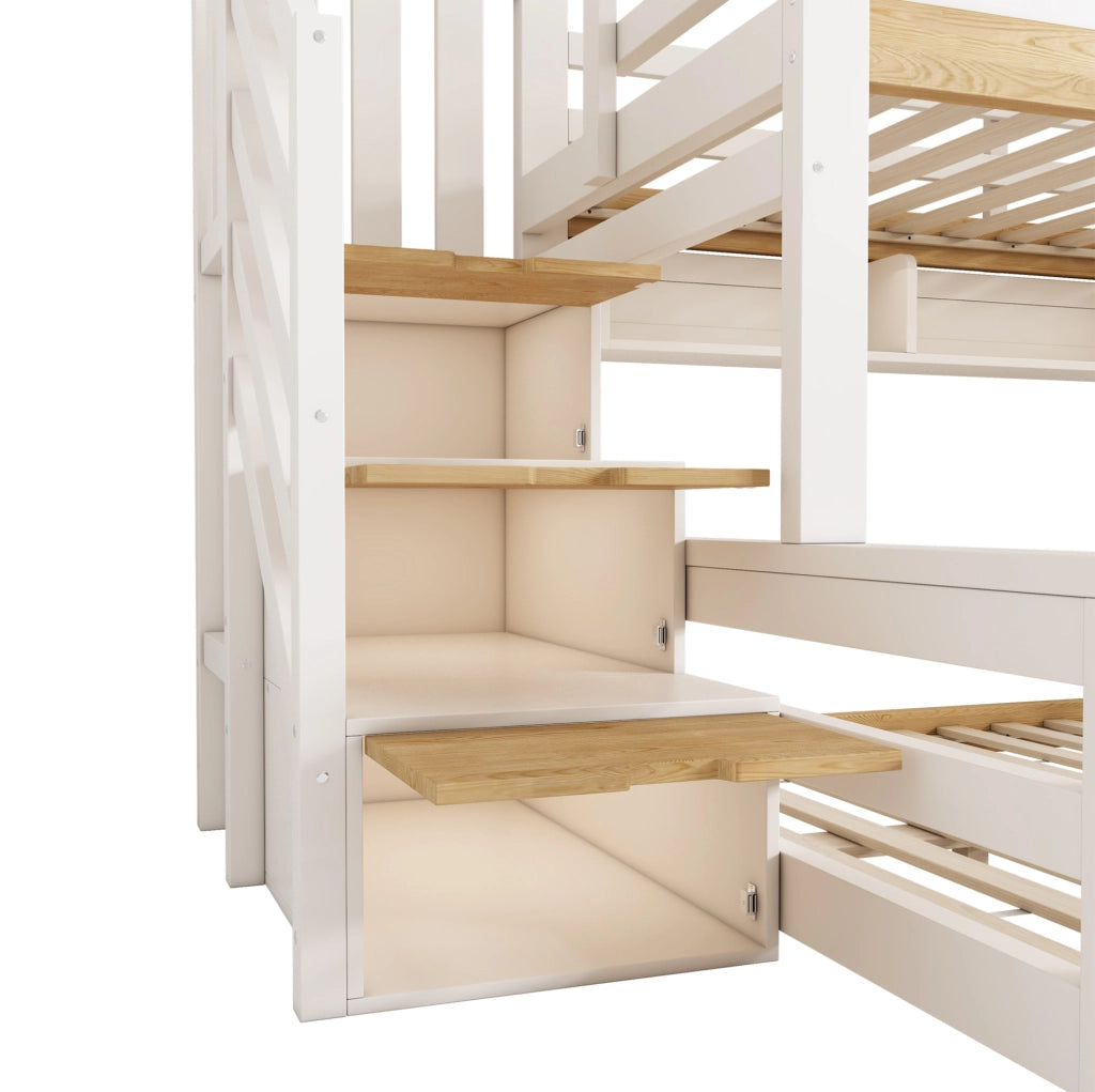 Letto a castello per bambini 90x200/140x200 in legno bianco e naturale con scala contenitore