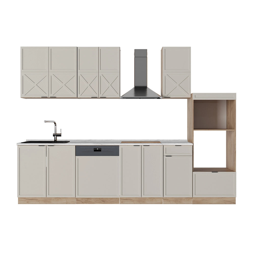 Vicco Cucina componibile Grigio/beige/rovere dorato 300 cm con armadio alto, senza piano di lavoro
