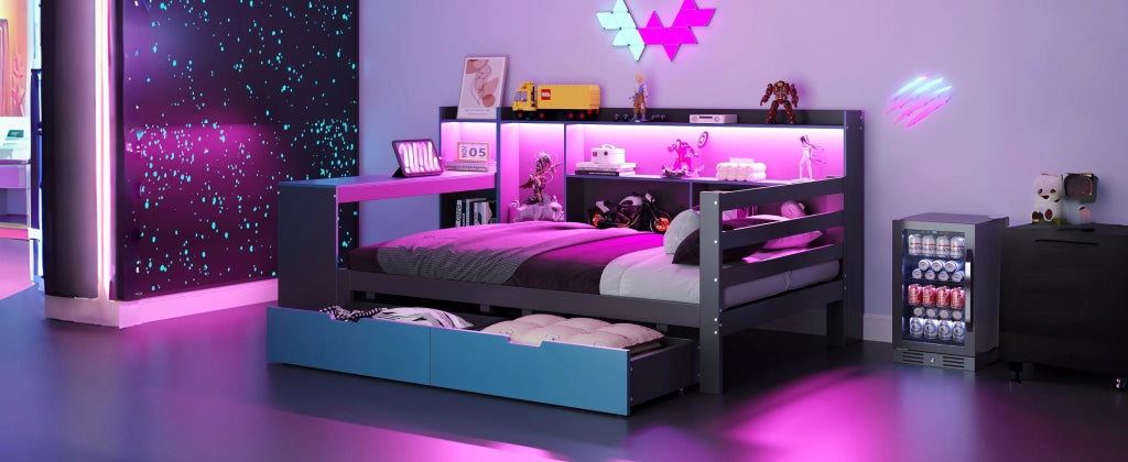 Divano letto in legno 90 x 200 cm nero+blu scrivania libreria deposito LED prese e cassetti multifunzionali