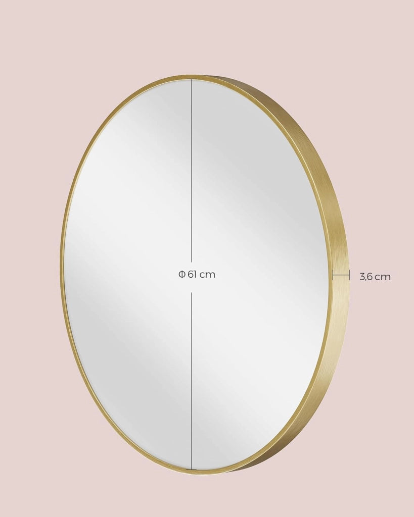 SONGMICS Specchio da Parete Rotondo, 61 cm, Specchio da Bagno, Cornice in Metallo, Facile da Montare, Specchio Moderno per Soggiorno Camera da Letto Ingresso, Oro Metallico LWM102A01