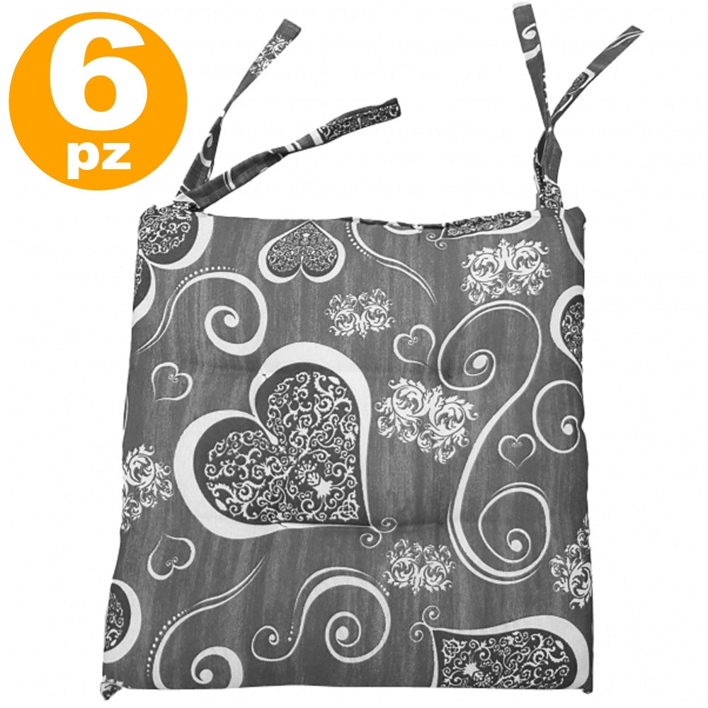 Trade Shop - 6 Coprisedia Cuscini Cuori Grigio Con 2 Laccetti Lacci Cuscino Sedie Imbottito -