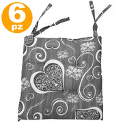 Trade Shop - 6 Coprisedia Cuscini Cuori Grigio Con 2 Laccetti Lacci Cuscino Sedie Imbottito -