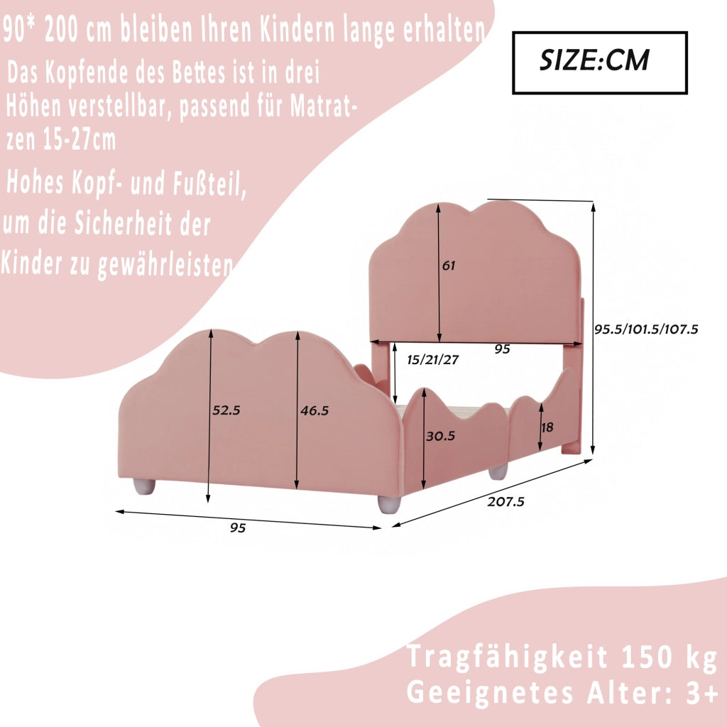 DESMIU Letto per Bambini Singolo con Sponda e Testiera Regolabile 90 × 200 cm, senza materasso, Rosa, Imbottito