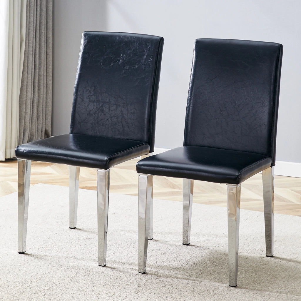 Set di 2 sedie da sala da pranzo dal design minimalista; schienale ergonomico; in PU e metallo nero argento