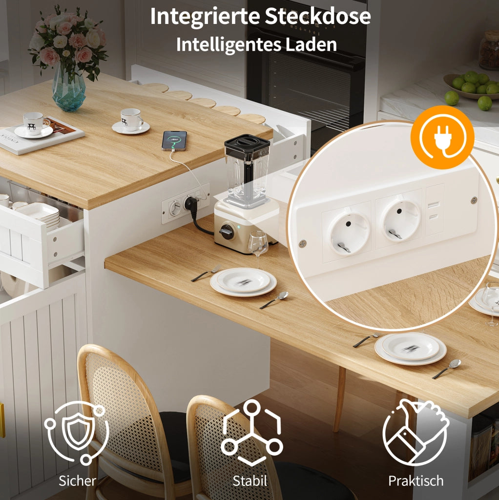 Isola cucina allungabile con presa integrata, 121,5-192 cm, bianca