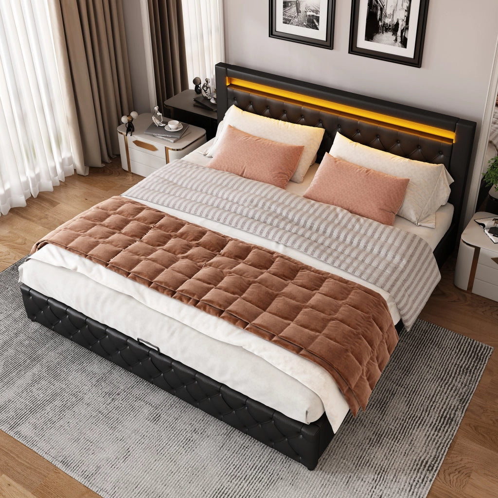 OKWISH Letto Contenitore 140×190 cm, Letto Matrimoniale con Contenitore Idraulico, LED Regolabile e Testiera, senza Materasso, in PU, Nero