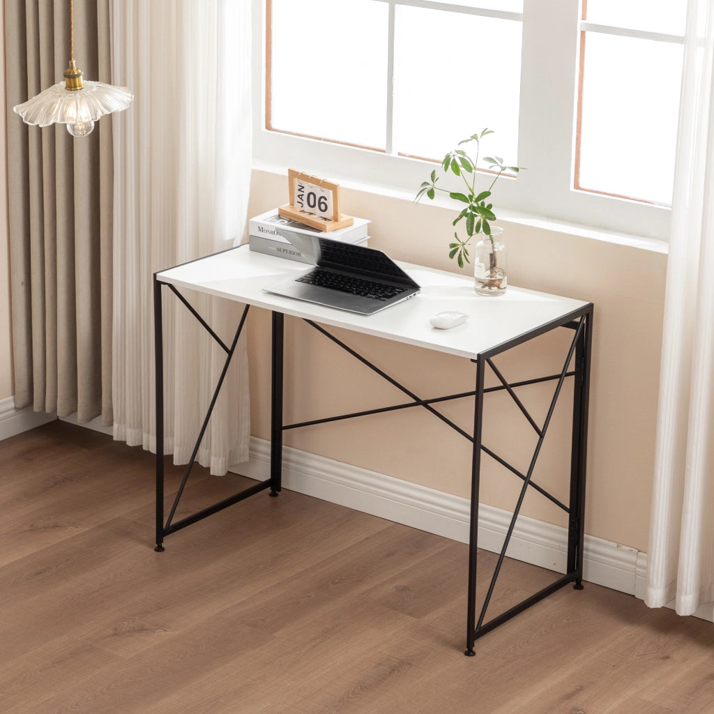 Scrivania pieghevole multifunzionale con struttura in MDF e metallo, per home office e piccoli spazi, bianco, 99 × 50 × 75 cm