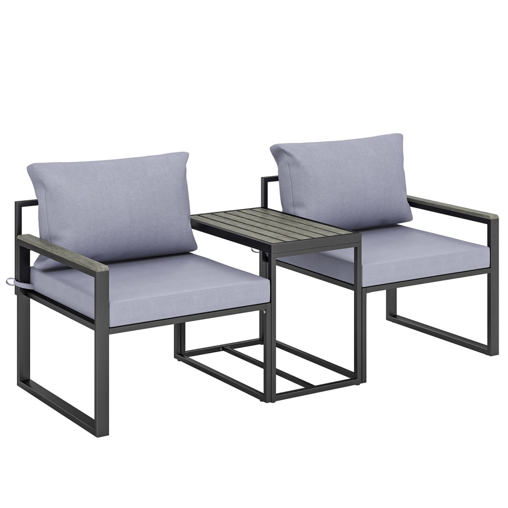 Set 3 Pezzi da Esterno con Tavolo da Giardino e 2 Sedie con Seduta in Texteline e Cuscini Grigio