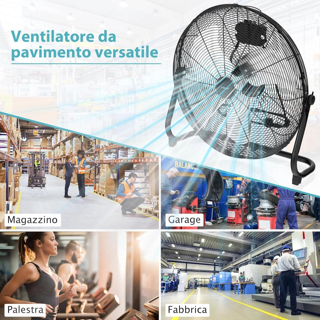 160W Ventilatore da Terra 50 cm, Ventilare Industriale a 3 Velocità Inclinazione di 145° e Pale in Metallo, Ventilatore da Pavimento per Magazzino Cantina Garage Palestra (Nero)