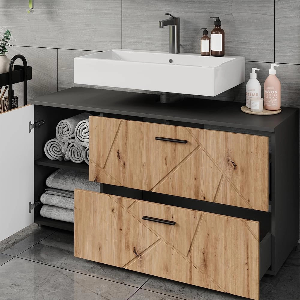 Mobiletto per lavabo Irma, Antracite/Artisan, 120.1 x 60.6 cm con 2 cassetti e 1 anta
