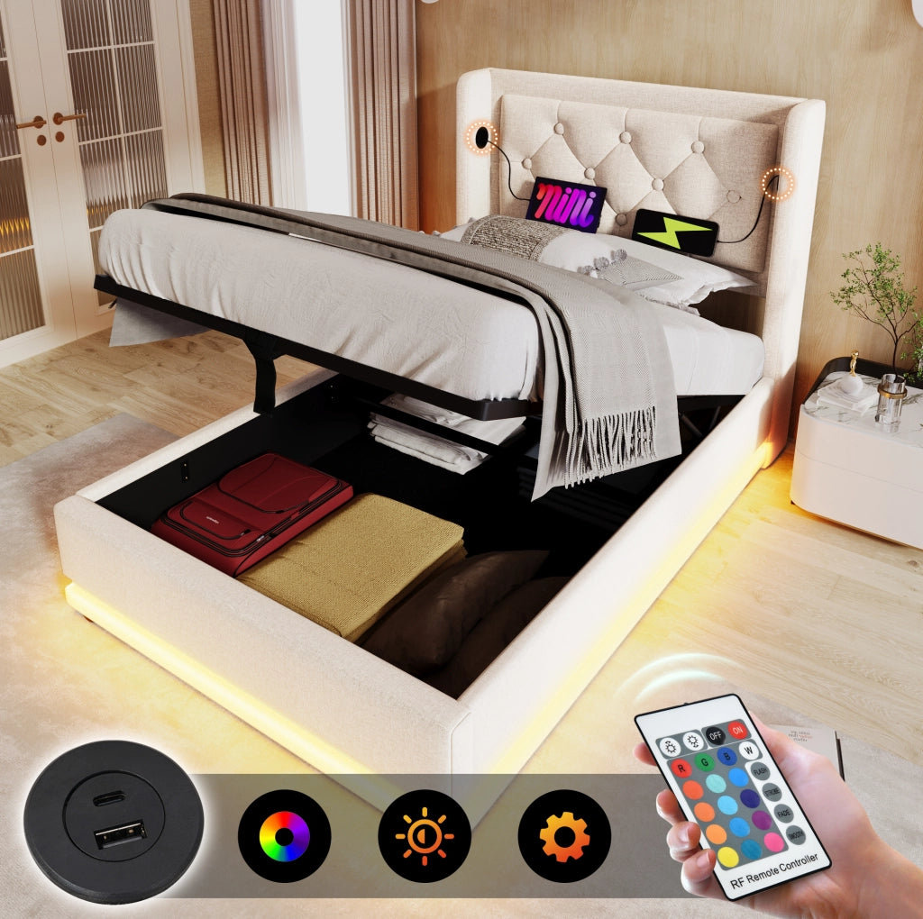 Letto singolo con contenitore 90x200 cm in cotone; LED e USB-C; beige