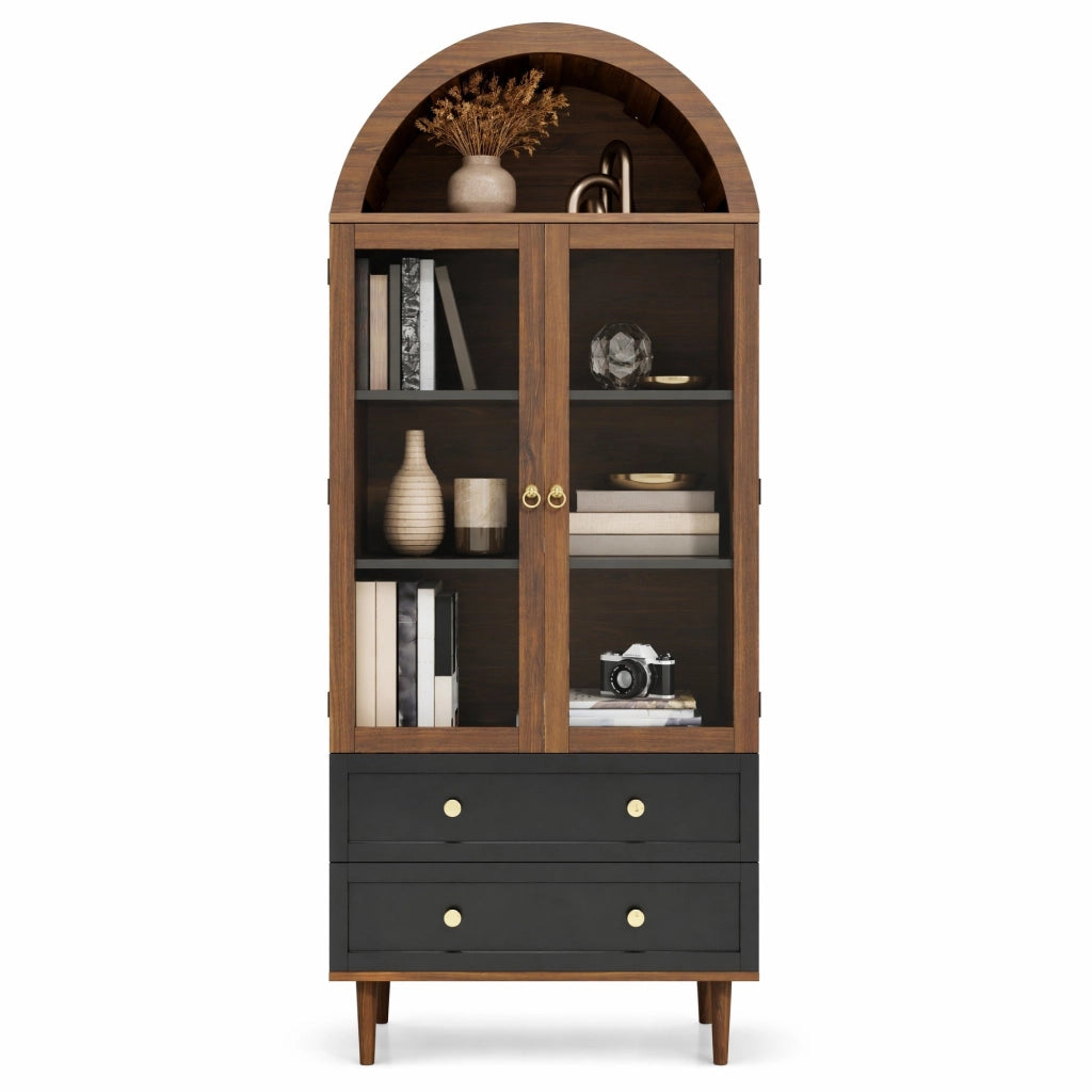 Sideboard con ripiani regolabili 70x38x165 cm in MDF e vetro colore noce