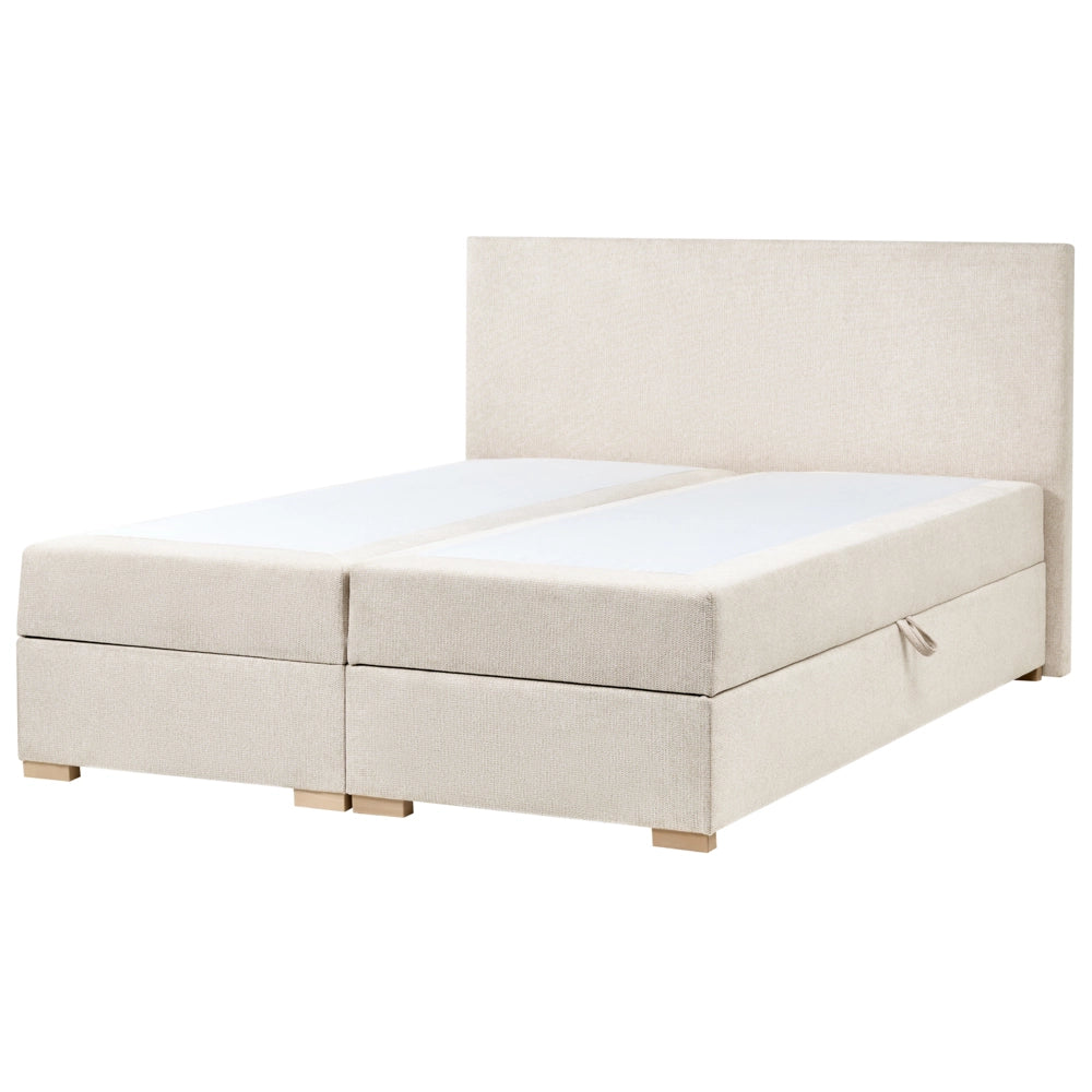 Letto matrimoniale con contenitore sollevabile in tessuto beige chiaro 160 x 200 cm con testiera stile moderno
