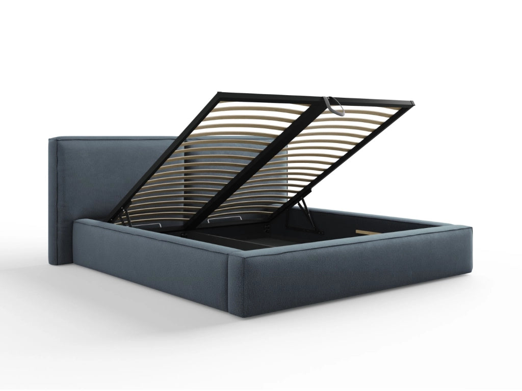 Cosmopolitan Design - Letto a cassettone con testiera doppia "Arendal" 180x200cm in tessuto strutturato blu 