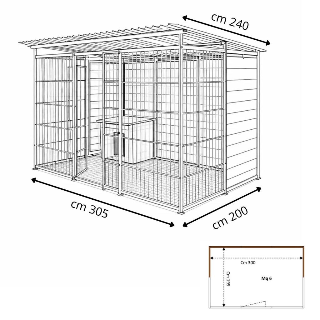 Box per cani coperto retro e 1 metro laterale in legno zincato a caldo da 300x200xh180 cm