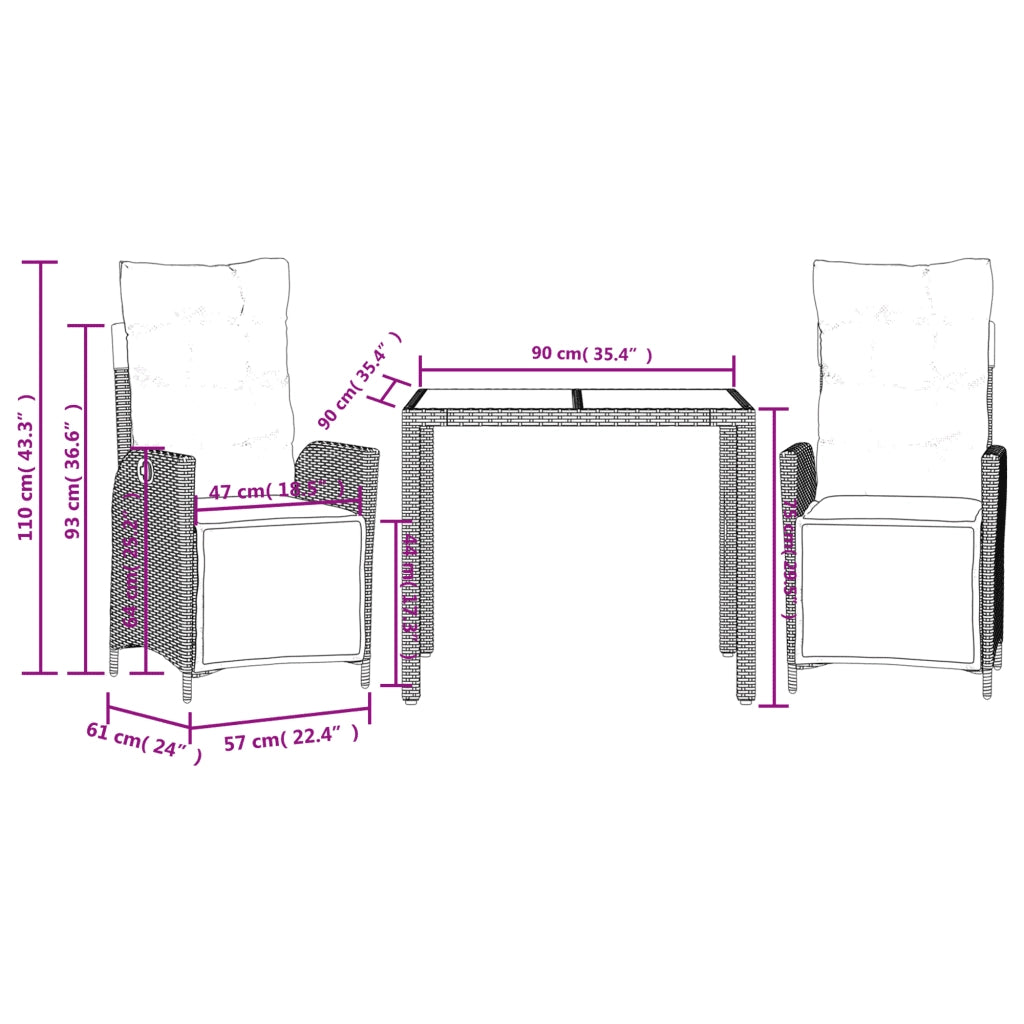 Set da Pranzo da Giardino 3 pz | Set Salotto da Giardino con Cuscini Nero in Polyrattan